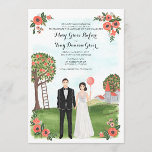 Custom Illustrated Couple Portrait Farm Wedding Einladung
