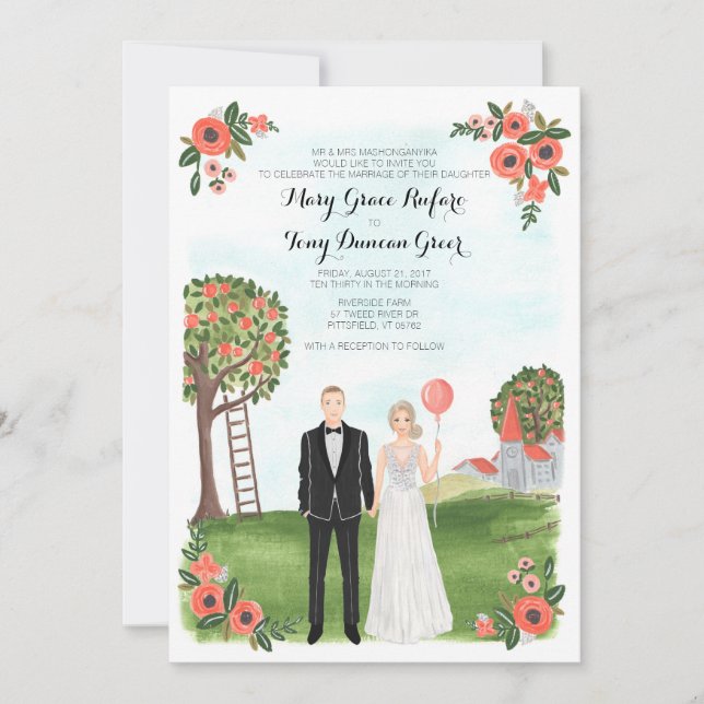 Custom Illustrierten Couple Portrait Farm Wedding Einladung (Vorderseite)