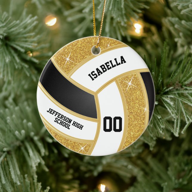Custom Imitats Gold Glitzer, White & Black Volleyb Keramik Ornament (Baum)