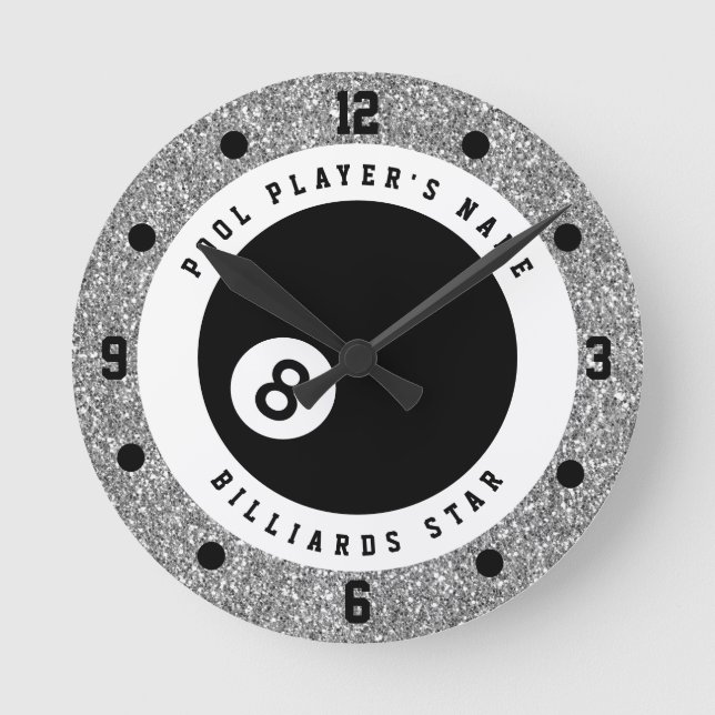 Custom Imitats Silver Glitzer Pool Billard Runde Wanduhr (Vorderseite)