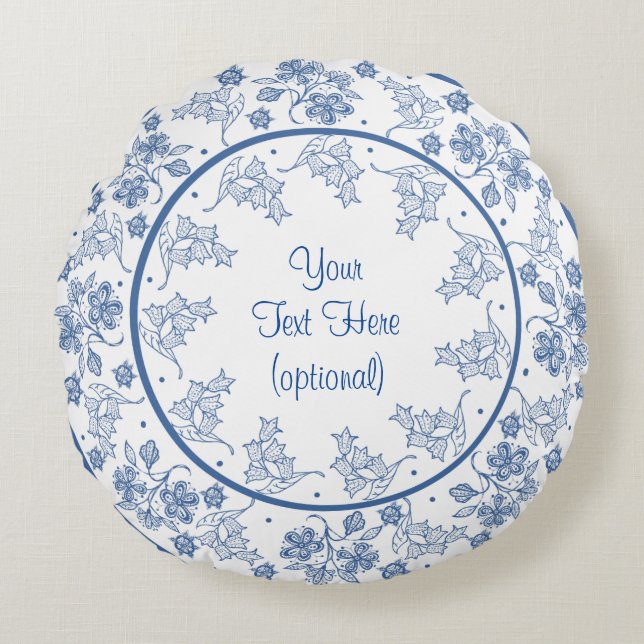 Custom Indigo Blue and White Floral Border Rundes Kissen (Vorderseite)