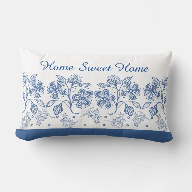 Custom Indigo Blue Floral Border Lumbar Pillow Lendenkissen (Vorderseite)