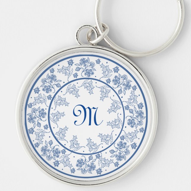 Custom Indigo Blue Floral Border Round Schlüsselan Schlüsselanhänger (Vorne)