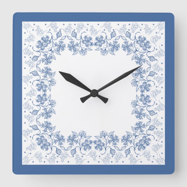 Custom Indigo Blue Floral Border Square Uhr (Vorderseite)