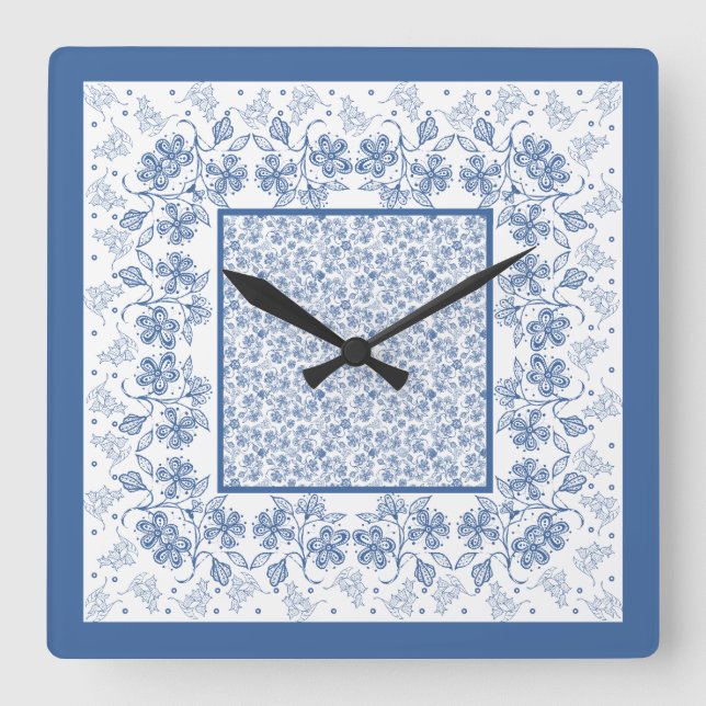 Custom Indigo Blue Floral Border Square Uhr (Vorderseite)