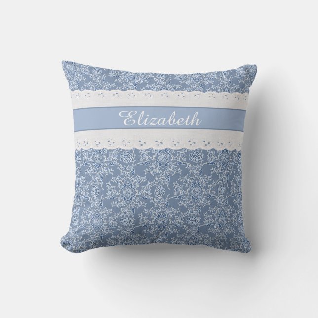 Custom Indigo Blue Floral Imitats Spitze Kissen (Vorderseite)