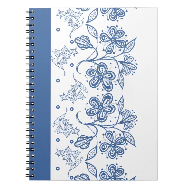 Custom Indigo Blue on White Floral Border Notebook Notizblock (Vorderseite)