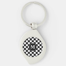 Custom Initial, Black White Checkered Keychain
