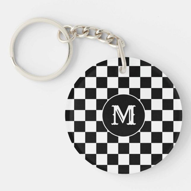 Custom Initial, Black White Checkered Keychain Schlüsselanhänger (Vorderseite)