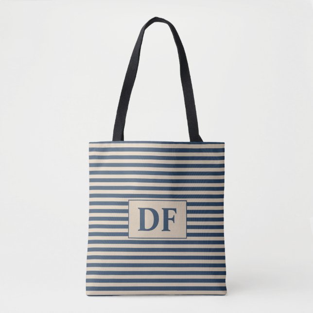 Custom Initial Blue/Vanilla Stripes Tote Beutel Tasche (Vorderseite)