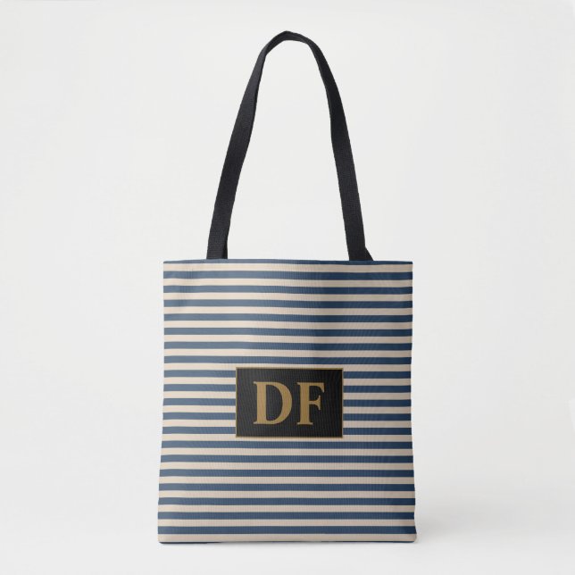 Custom Initial Blue/Vanilla Stripes Tote Beutel Tasche (Vorderseite)
