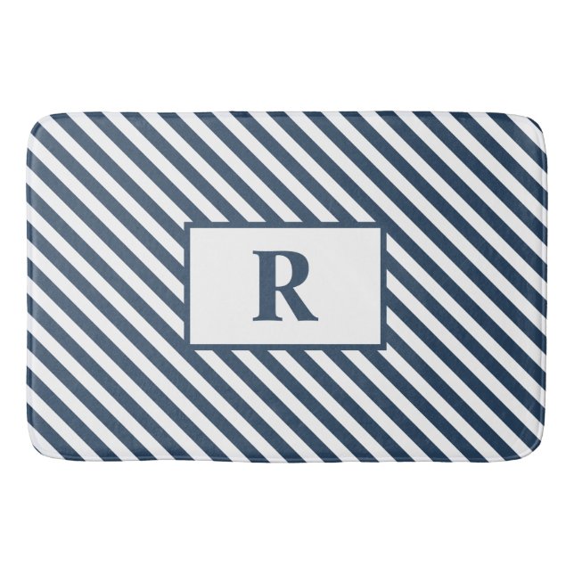Custom Initial Blue/White Stripes Bath Mat Badematte (Vorderseite)