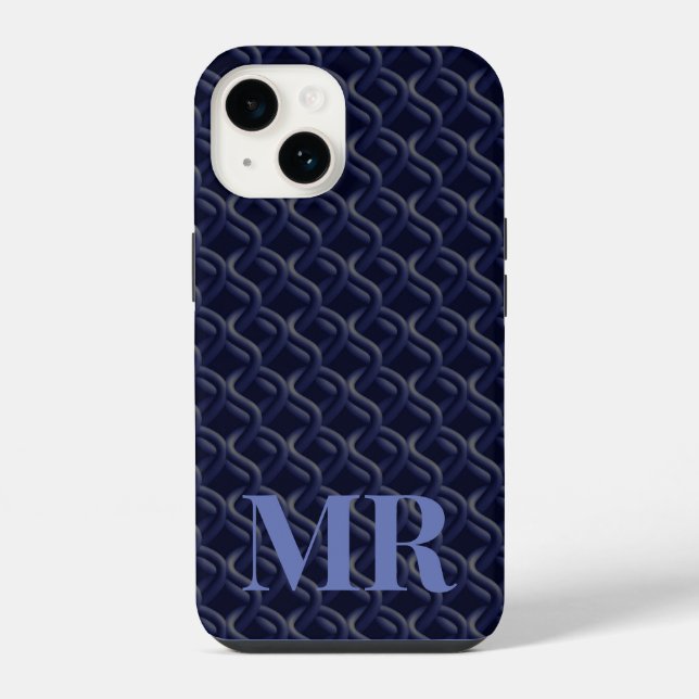 Custom Initial Large Modern Blue Lattice Rubber iPhone 14 Hülle (Rückseite)
