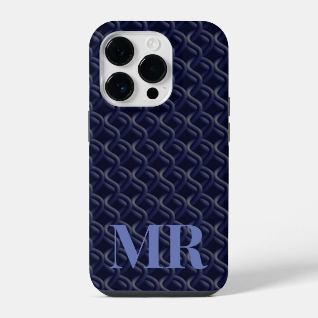 Custom Initial Large Modern Blue Lattice Rubber iPhone 14 Pro Hülle (Rückseite)