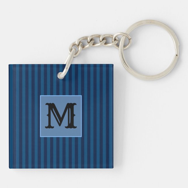 Custom Initial, Navy Blue Stripes Acrylic Keychain (Dos)