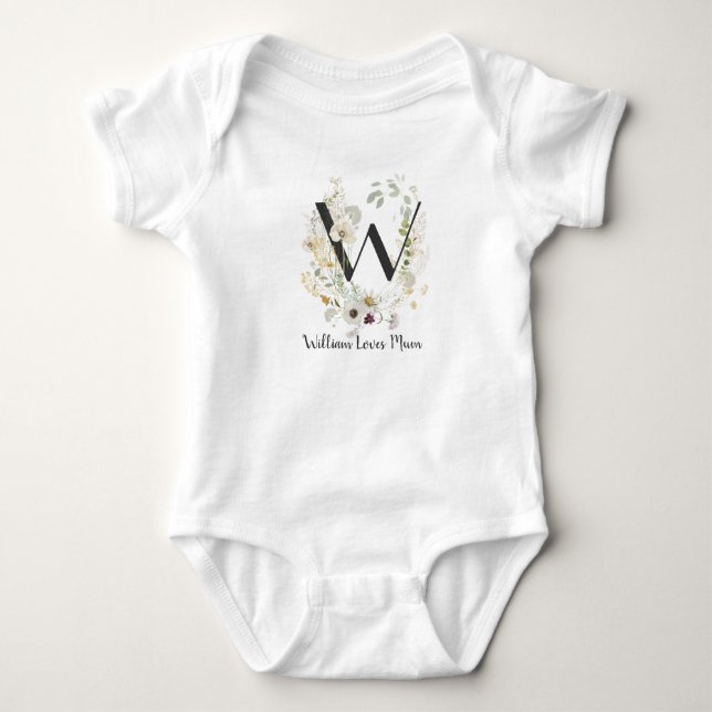Custom Initial W With Soft colour Wild flowers Bab Baby Strampler (Vorderseite)