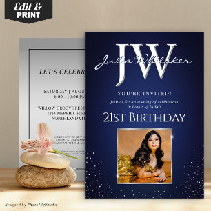 Custom Initials Elegant 21. Geburtstag Blue Silver Einladung