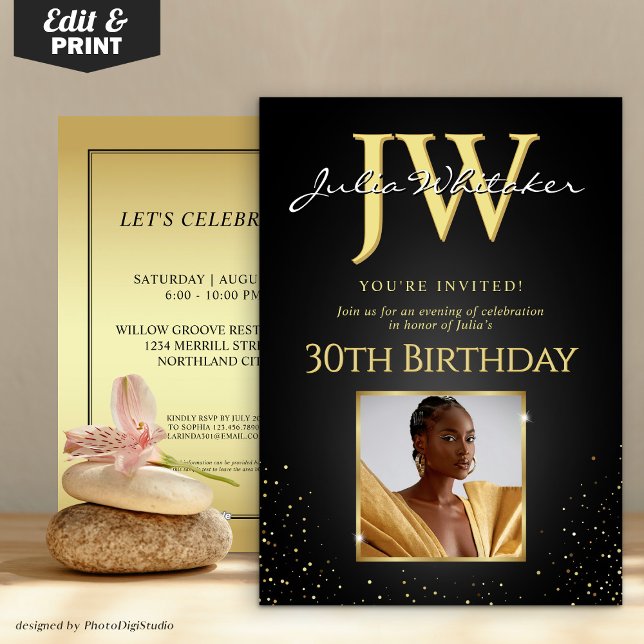 Custom Initials Elegant Black Gold 30. Geburtstag Einladung (Custom Initials Elegant Black Gold 30th Birthday Invitation)