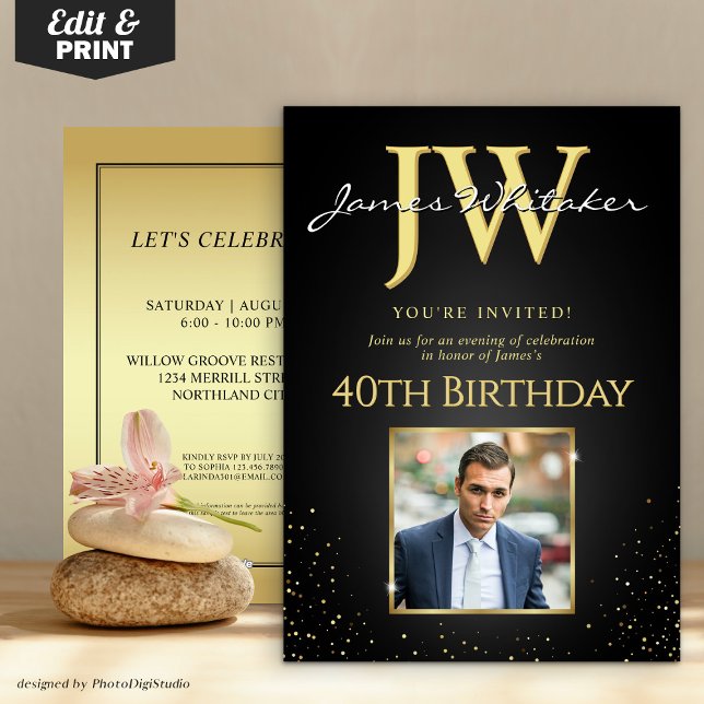 Custom Initials Elegant Black Gold 40. Geburtstag Einladung (Custom Initials Elegant Black Gold 40th Birthday Invitation)