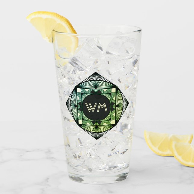 Custom Initials Elegante Manly Green Chic Art Deco Glas (Vorderseite Ice)