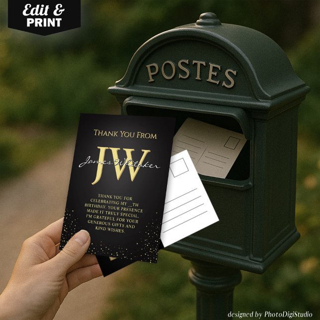 Custom Initials Elegantes Black Gold Dankeschön Ka Dankeskarte (Custom Initials Elegant Black Gold Thank You Card)