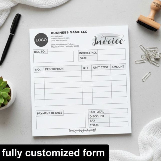 Custom invoice Form with Logo, Gray Small Business Notizblock (add your logo receipt book, professional invoice template)