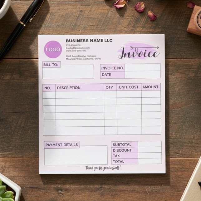 Custom invoice Form with Logo, Pink Small Business Notizblock (aesthetic invoice template pink, girly business supplies, custom logo receipt tracker)