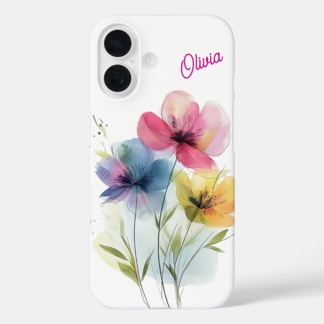 Custom Iphone 16 Phone Case Wasserfarbe Floral (Rückseite)