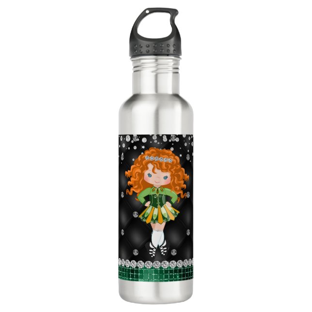 Custom Irish Dance Redhead Girl Green, Black Edelstahlflasche (Vorderseite)