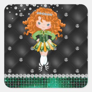 Custom Irish Dance Redhead Girl Green, Black Quadratischer Aufkleber