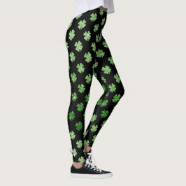 Custom Irish Green Glitzer Kleeblatt Pattern Black Leggings