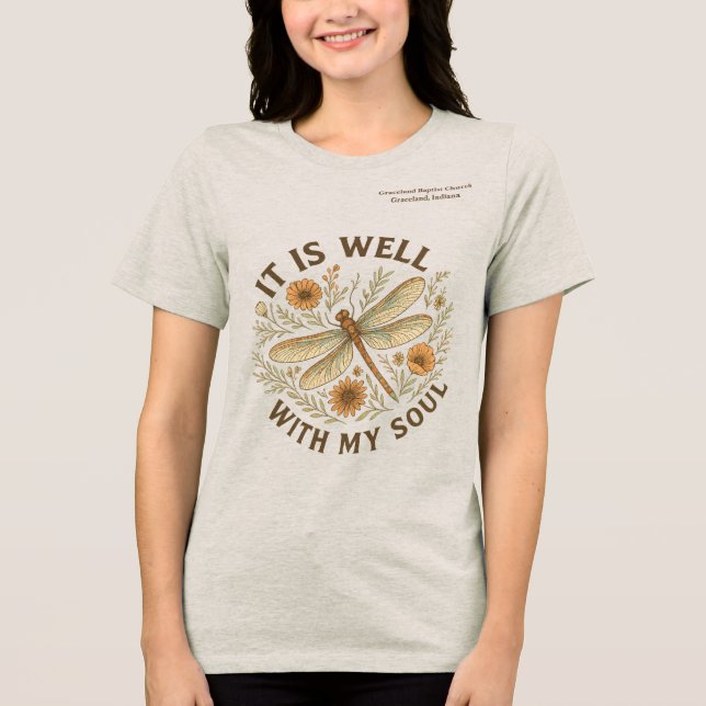 Custom "It is well with my Soul" Boho Dragonfly Tri-Blend Shirt (Vorderseite)
