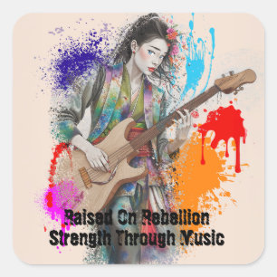 Custom japanische Frau Gitarrist Art Inspiration Quadratischer Aufkleber
