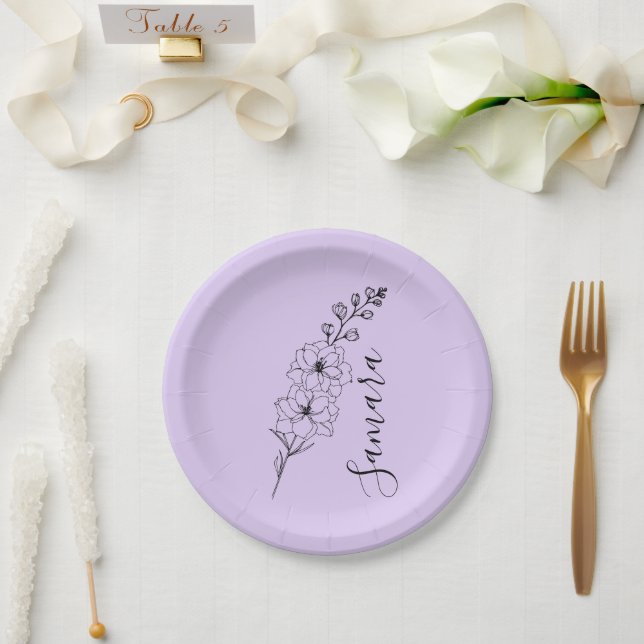 Custom July Delphinium Birth Blume Geschenk für di Pappteller (Hochzeit)