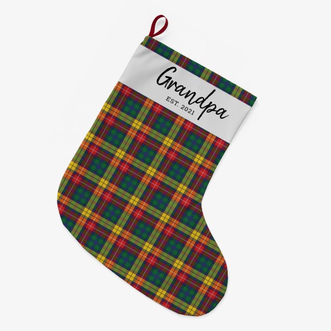 Custom Kariert Clan Buchanan Tartan Karo Opa Großer Weihnachtsstrumpf (Vorderansicht (hängend))