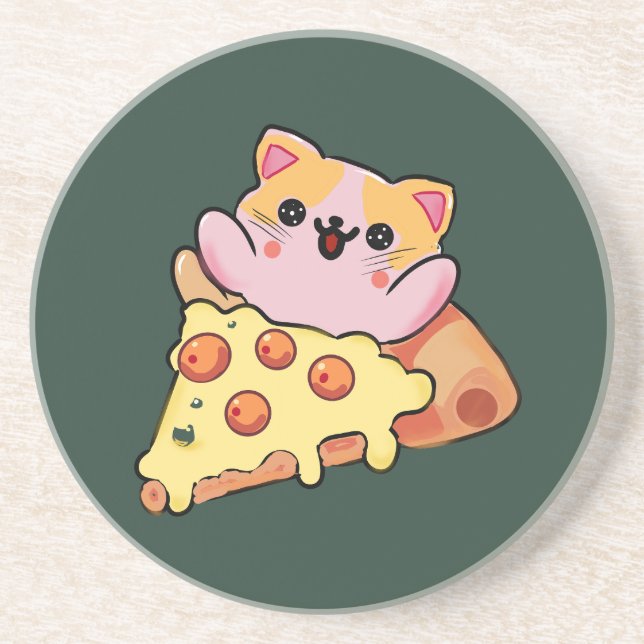 Custom Kawaii Cat Hugging Pepperoni Pizza Cartoon Getränkeuntersetzer (Vorne)
