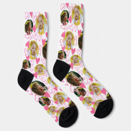 Custom Kid Foto Pink Hearts Valentine Crew Socken