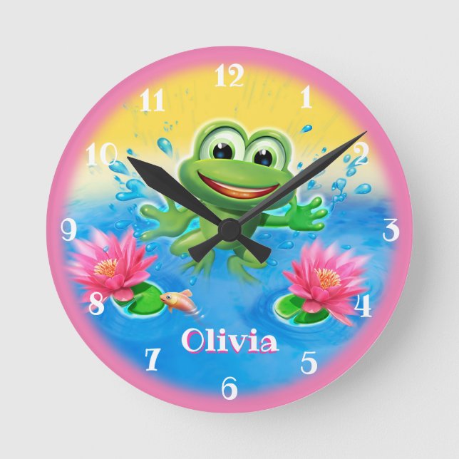 Custom Kid’s clock Leaping frog design. Runde Wanduhr (Vorderseite)