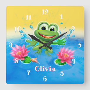 Custom Kid’s square clock Leaping frog design. Quadratische Wanduhr