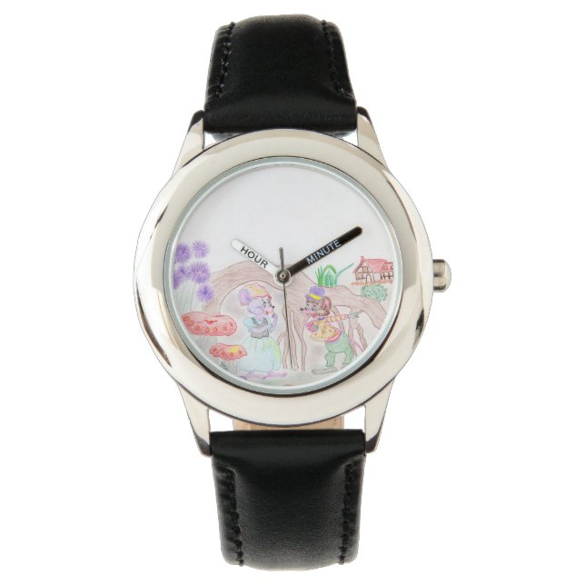 Custom Kids Artwork, zwei niedliche Maus, Blume... Armbanduhr (Vorderseite)