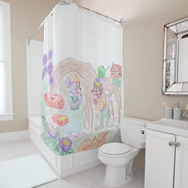 Custom Kids Artwork, zwei niedliche Maus, Blume... Duschvorhang (Beispiel)