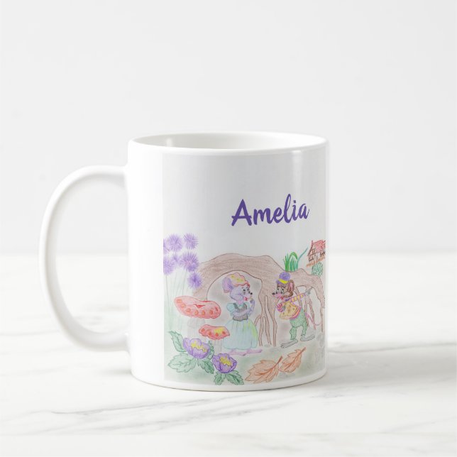 Custom Kids Artwork, zwei niedliche Maus, Blume... Kaffeetasse (Links)