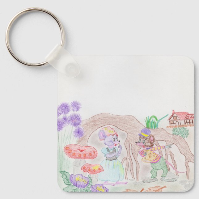 Custom Kids Artwork, zwei niedliche Maus, Blume... Schlüsselanhänger (Vorderseite)
