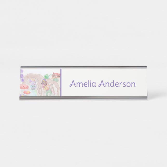 Custom Kids Artwork, zwei niedliche Maus, Blume... Schreibtischnamensplakette (Vorderseite )