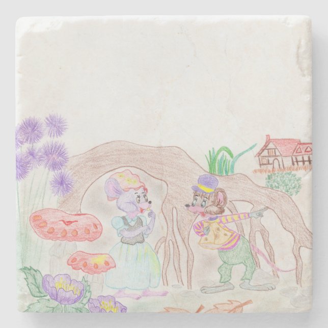 Custom Kids Artwork, zwei niedliche Maus, Blume... Steinuntersetzer (Vorderseite)