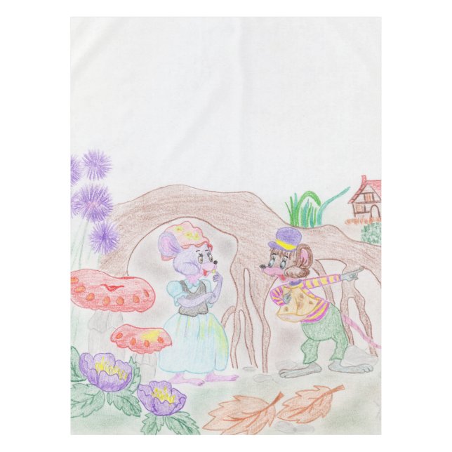 Custom Kids Artwork, zwei niedliche Maus, Blume... Tischdecke (Vorderseite)