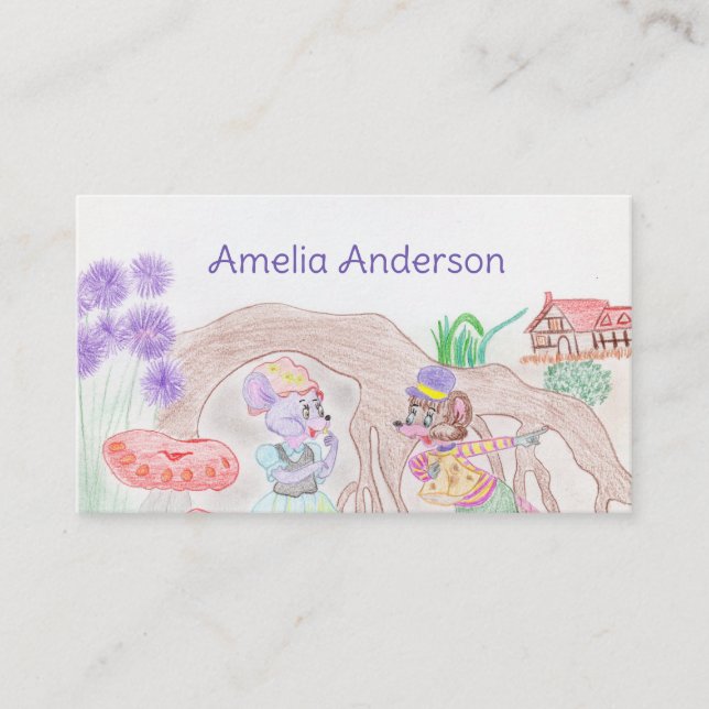 Custom Kids Artwork, zwei niedliche Maus, Blume... Visitenkarte (Vorderseite)