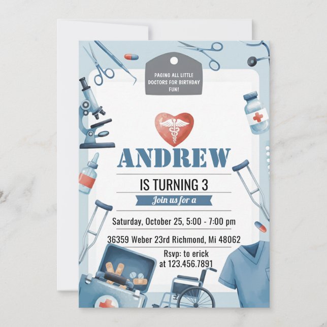 Custom Kids Doctor Medical Birthday Party  Einladung (Vorderseite)