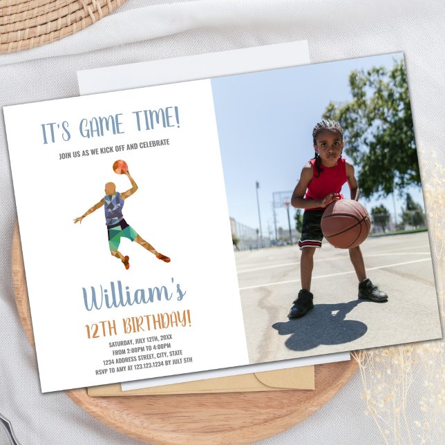 Custom Kids Sports Party laden Einladung (Basketball Black Orange Invitations with photo)