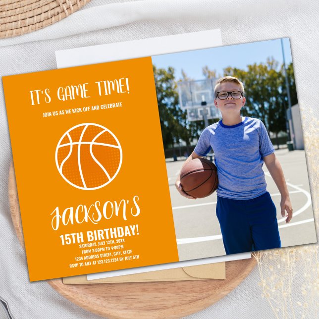 Custom Kids Sports Party laden Einladung (Orange Basketball Birthday Invitations w photo)